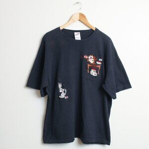 Vintage 90s Warner Bros Looney Tunes Shirt Mens XXL Black Bugs Bunny Pocket Tee